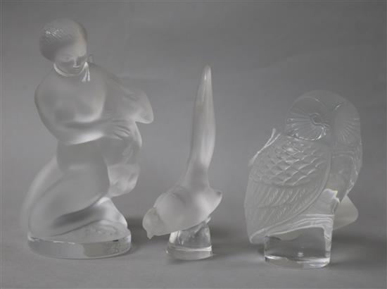 A Lalique frosted glass figure of Diana, with deer, a Lalique owl and a pheasant, H 12cm (largest)